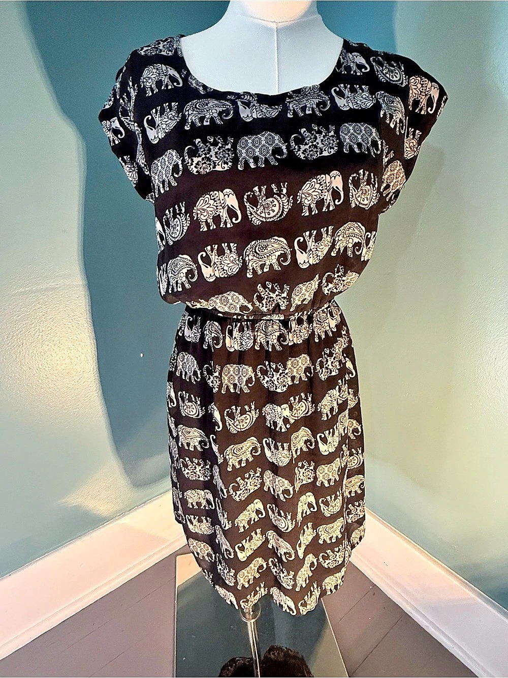 Maurices Womens S Boho Elephant Print Dress Black Gray Open Back Lined
